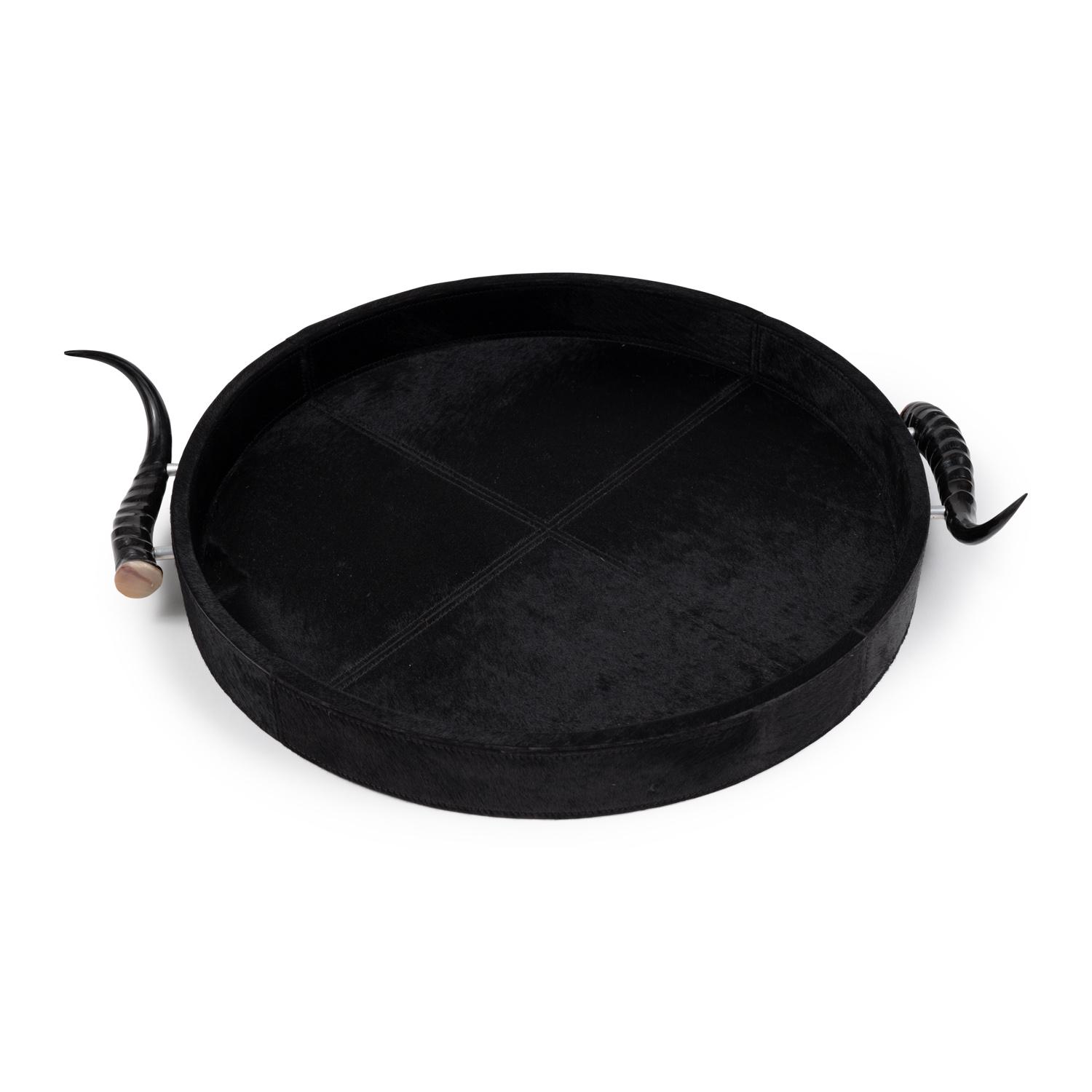 Black Cow Hide Round Tray / Springbok Horn Handles