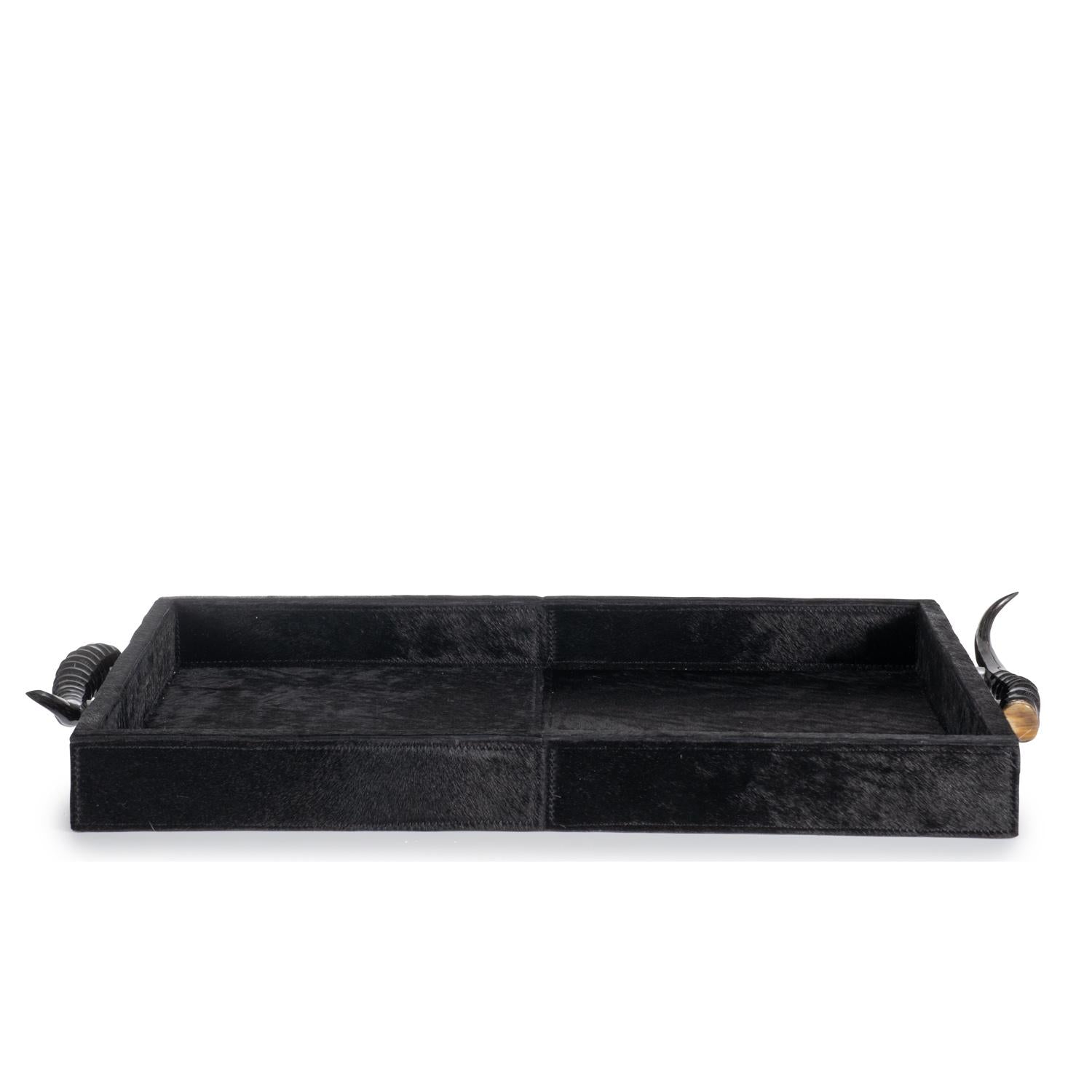 Black Cow Hide Rectangle Tray / Springbok Horn Handles