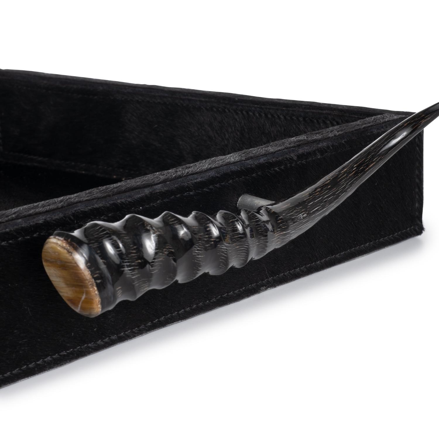 Black Cow Hide Rectangle Tray / Springbok Horn Handles
