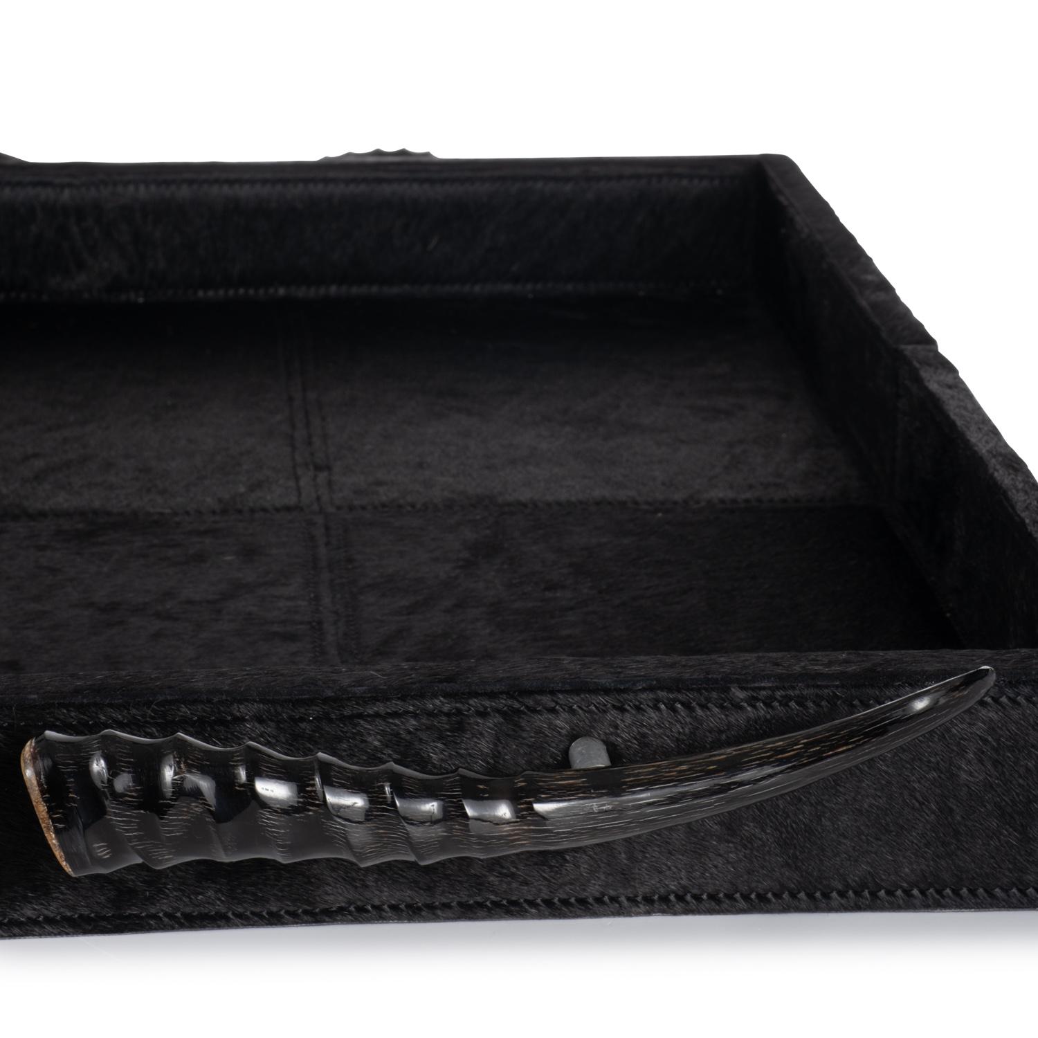 Black Cow Hide Rectangle Tray / Springbok Horn Handles