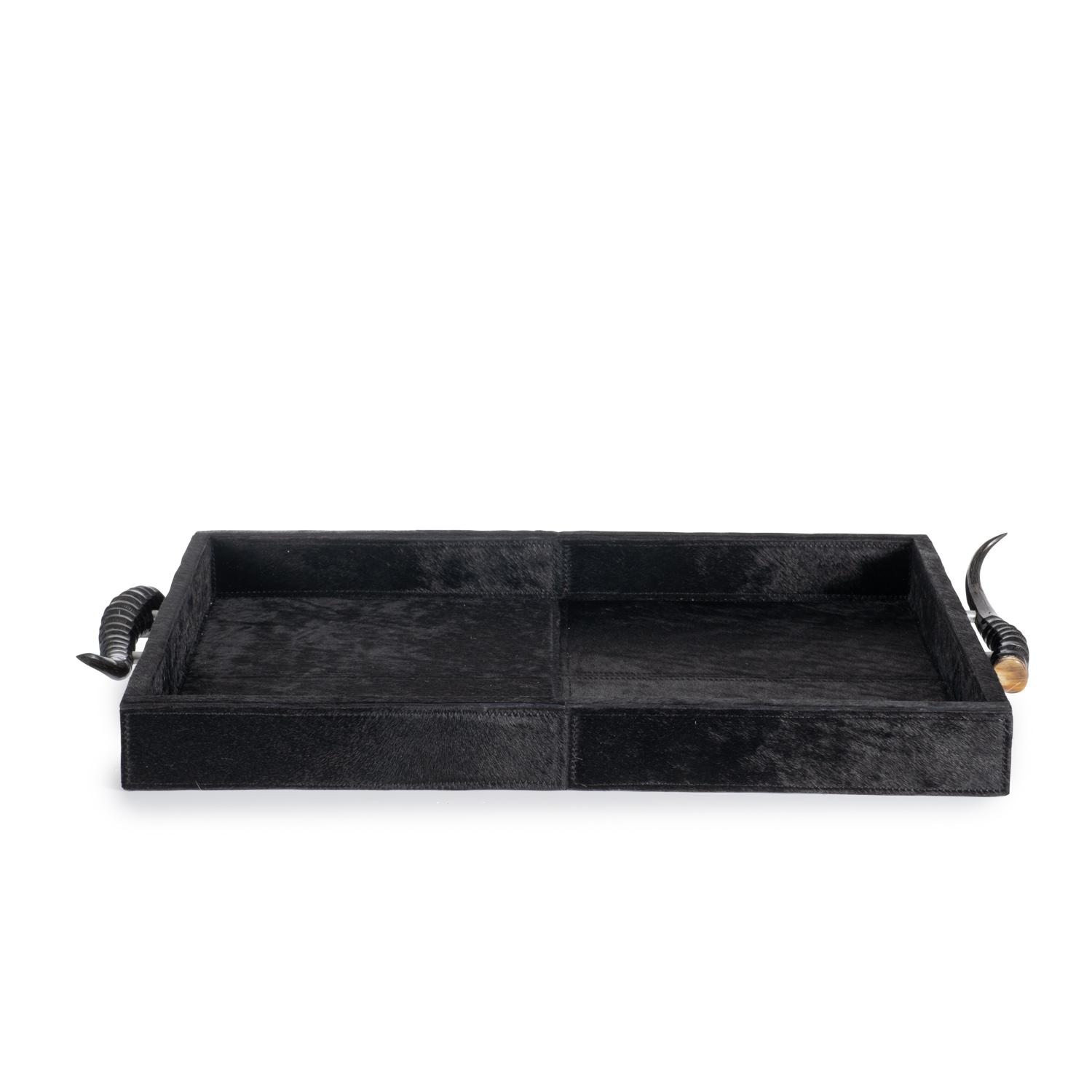 Black Cow Hide Rectangle Tray / Springbok Horn Handles