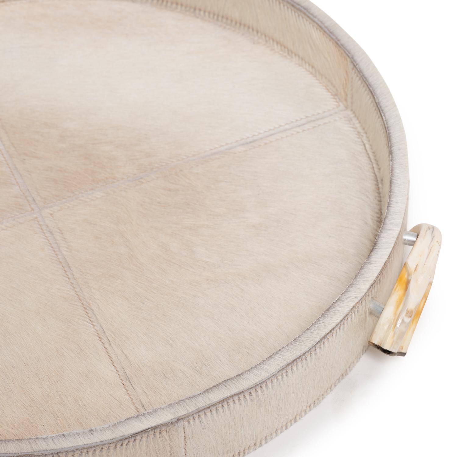 Cream Cow Hide Round Tray / Warthog Tusk Handles