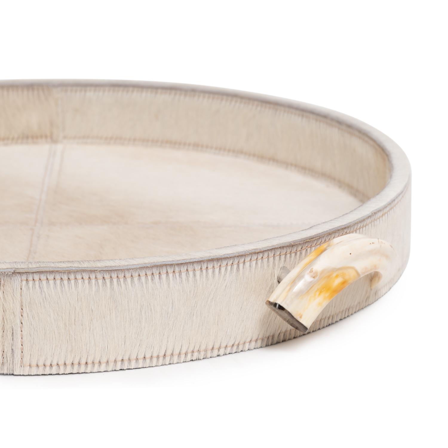 Cream Cow Hide Round Tray / Warthog Tusk Handles