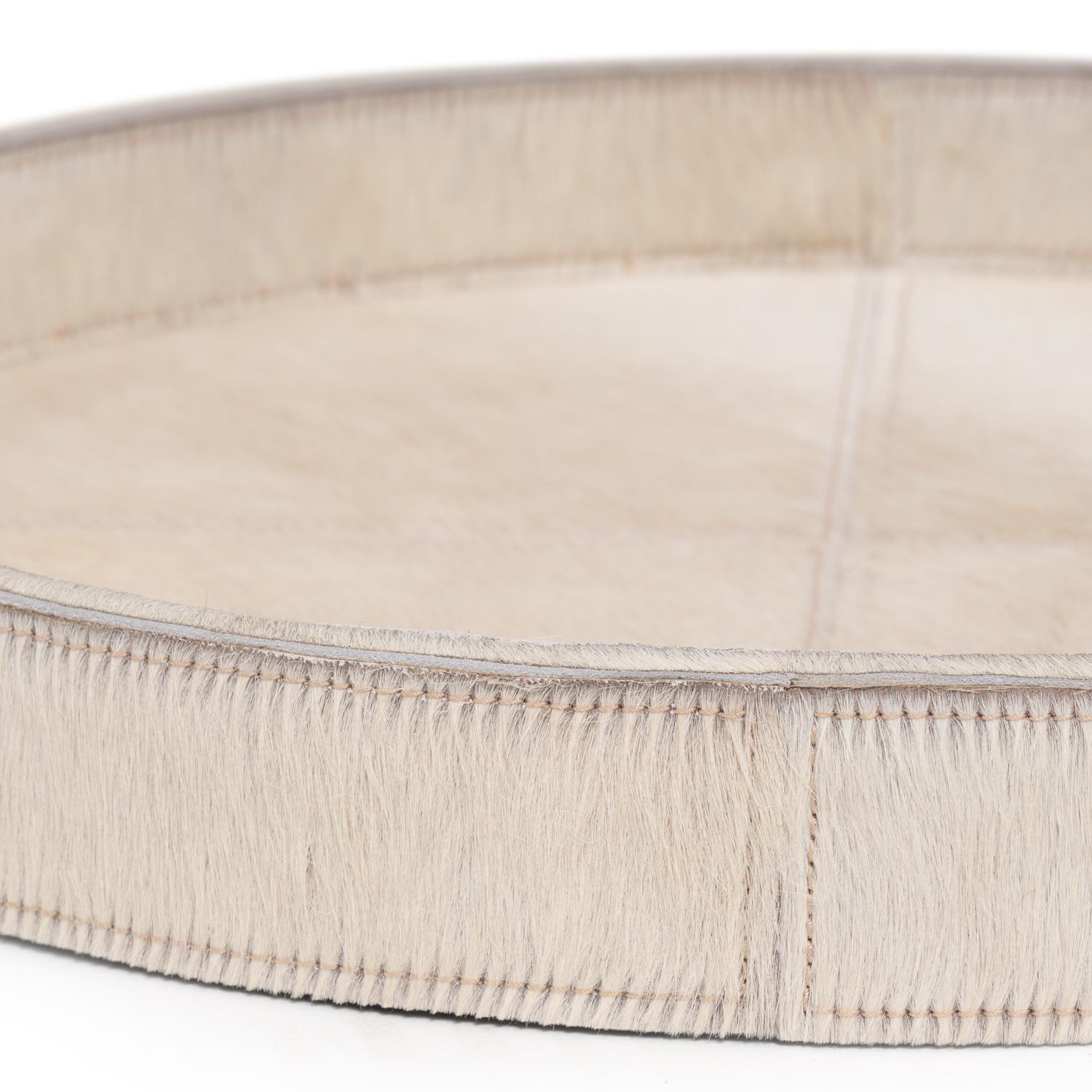 Cream Cow Hide Round Tray / Warthog Tusk Handles