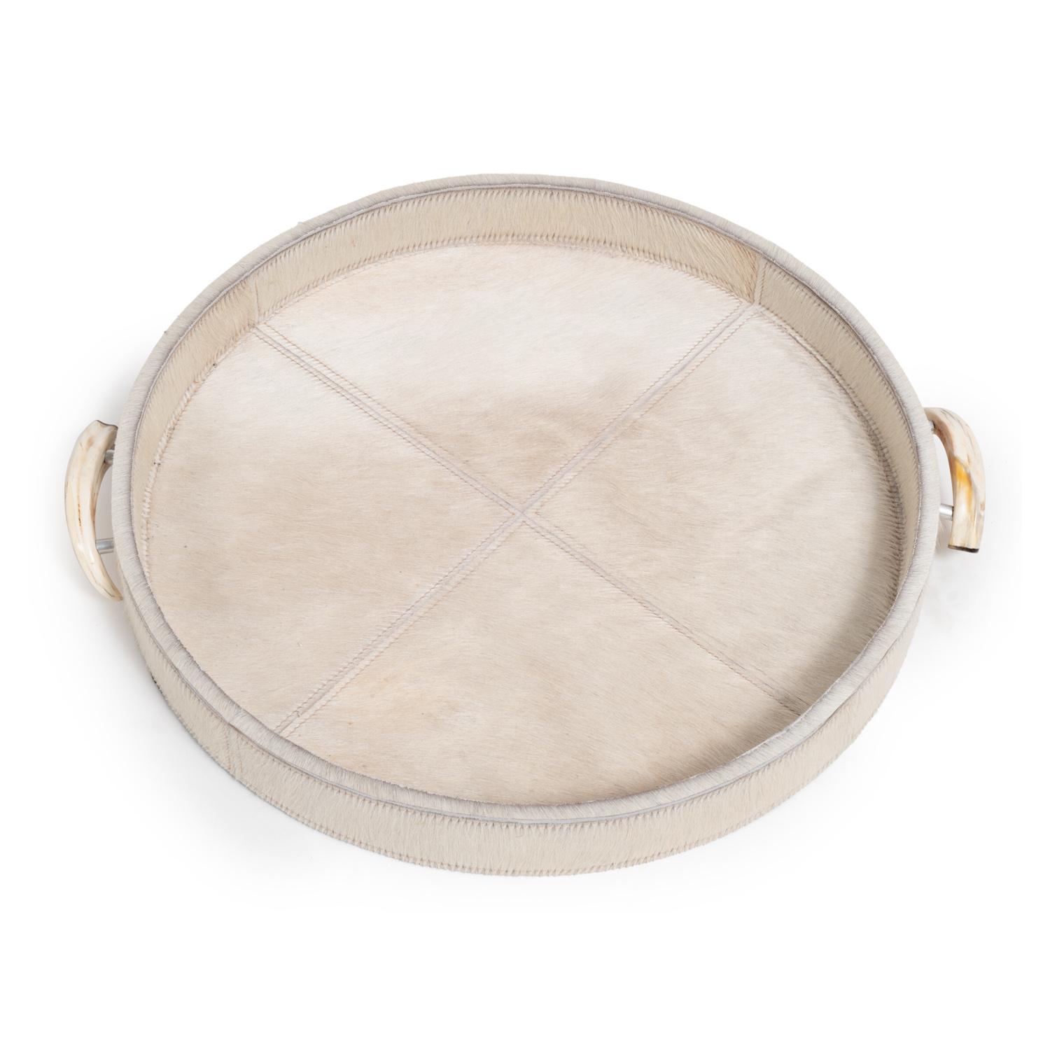 Cream Cow Hide Round Tray / Warthog Tusk Handles