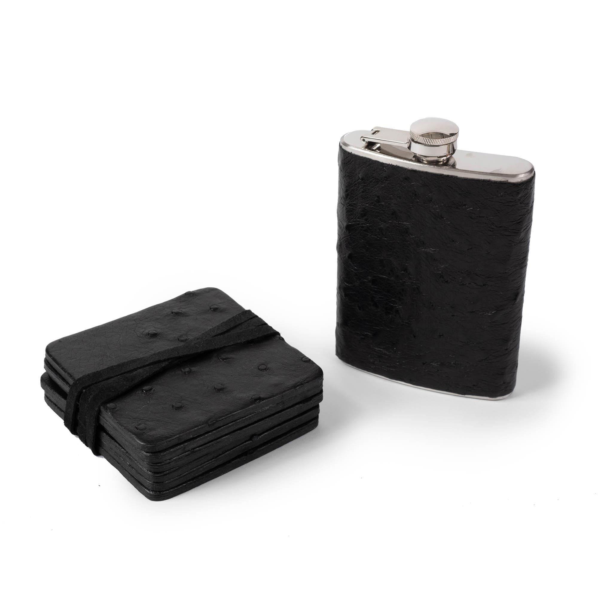 Ostrich Leather Coasters w/ Tie (S/6) - Black