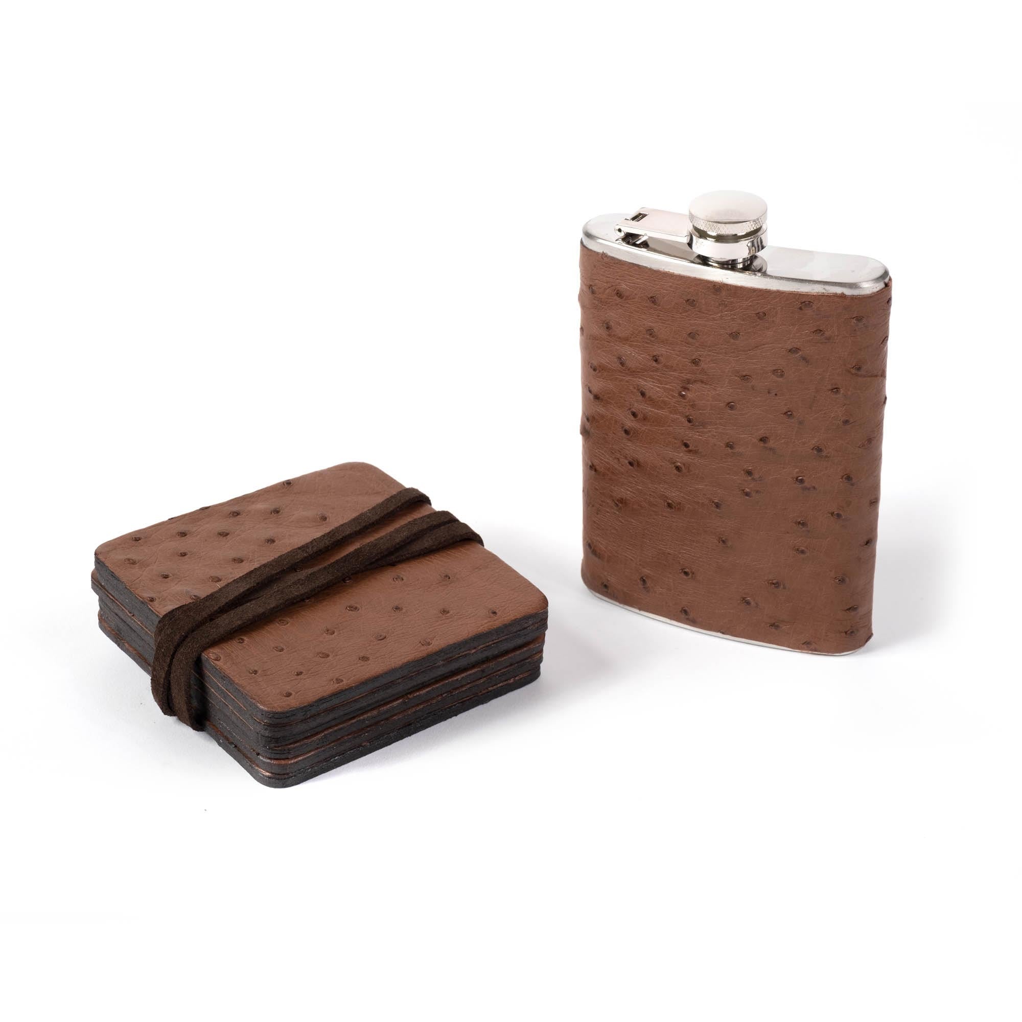 Ostrich Leather Coasters w/ Tie (S/6) - Brown