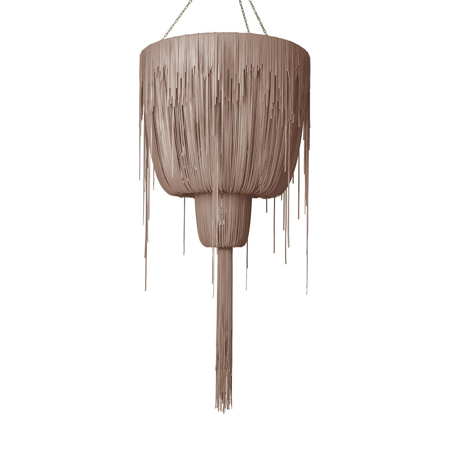 Large Round Double-Ball Urchin Leather Chandelier in Metallic Leather