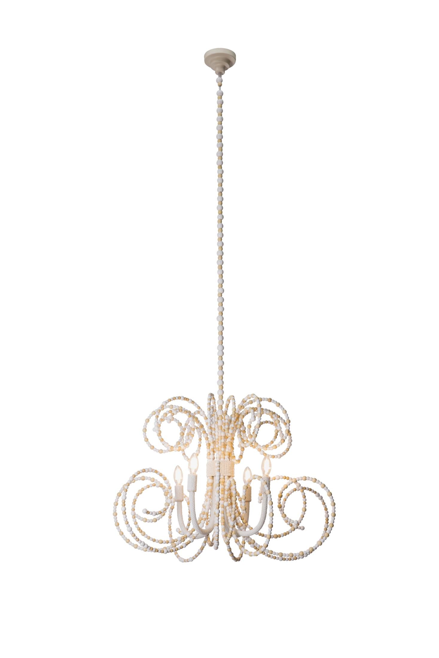 Twirly Wood Beaded Chandelier in Natural & White