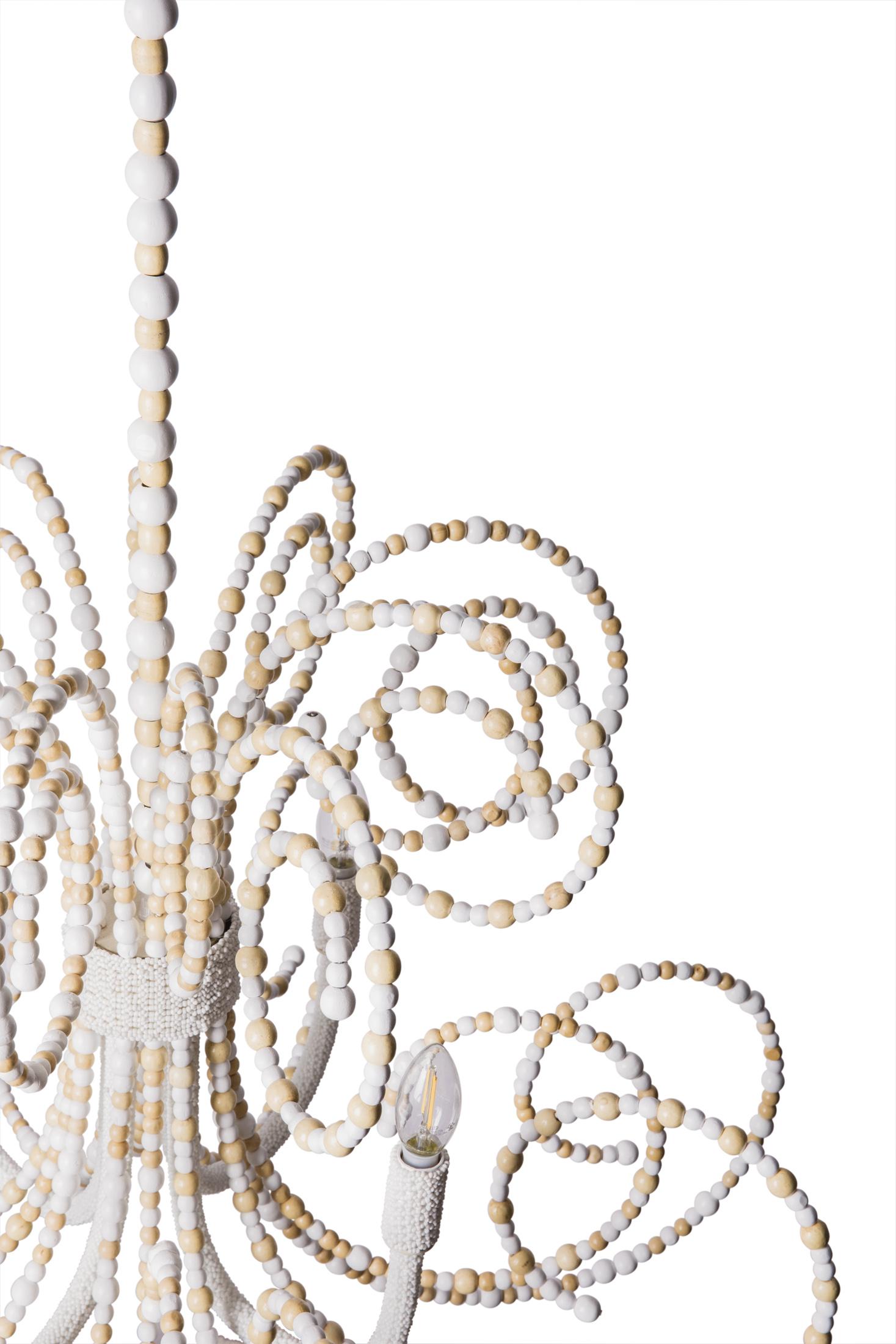 Twirly Wood Beaded Chandelier in Natural & White