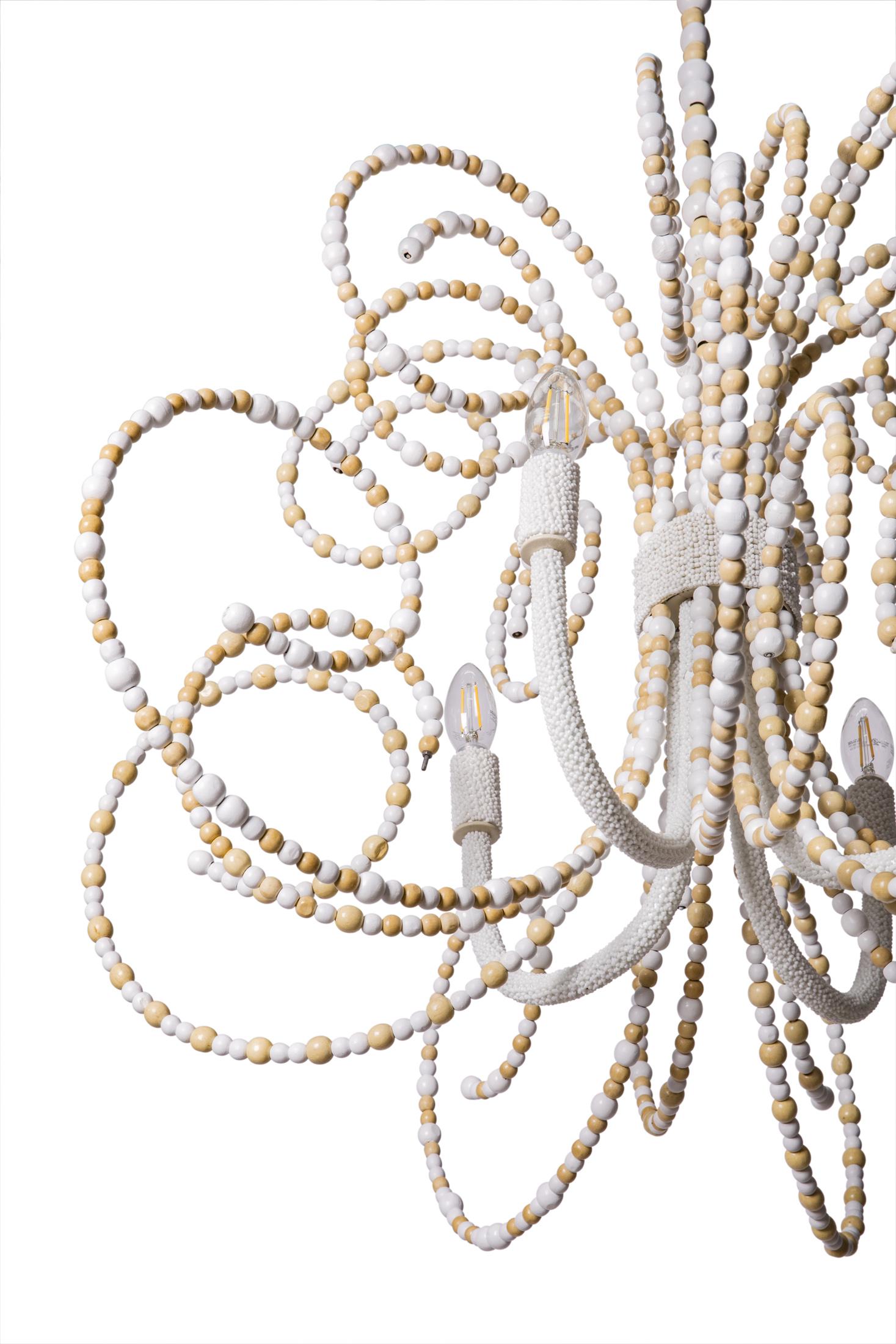 Twirly Wood Beaded Chandelier in Natural & White