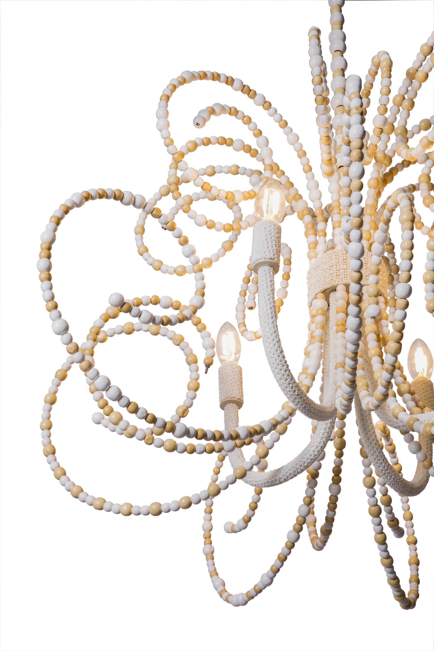 Twirly Wood Beaded Chandelier in Natural & White