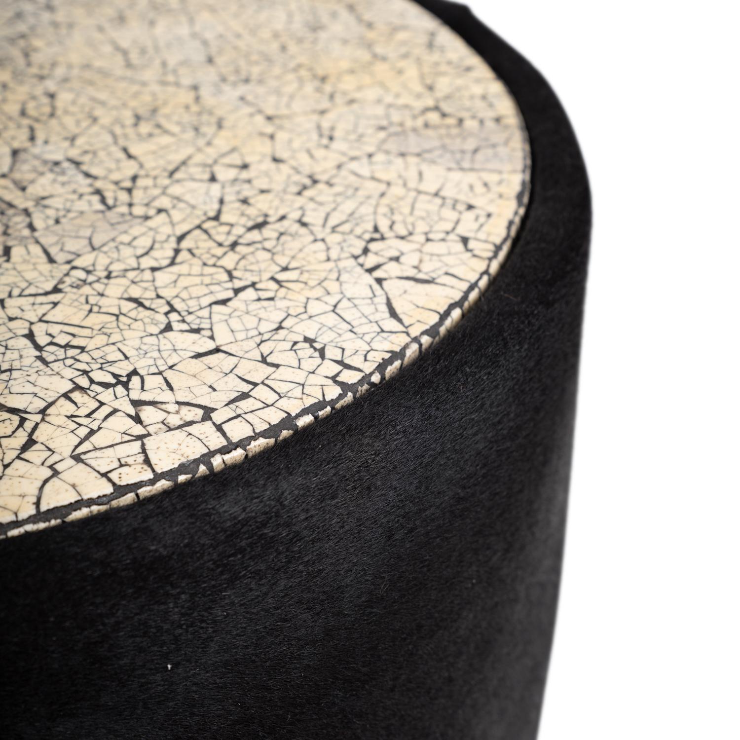 Black Cow Hide Cylinder with Ostrich Egg Mosaic Inlay