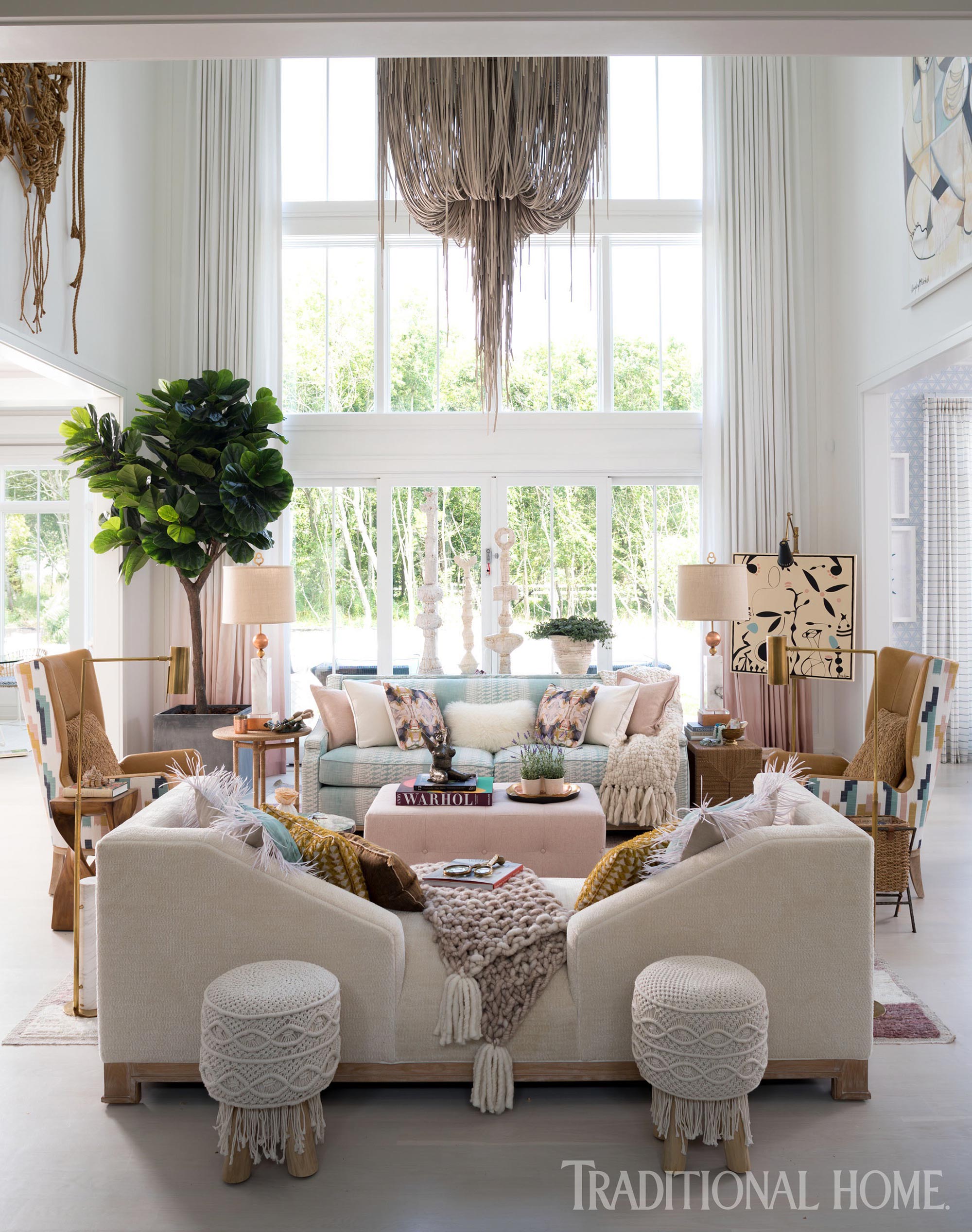 Large Round Urchin Leather Chandelier in Cream-Stone Leather