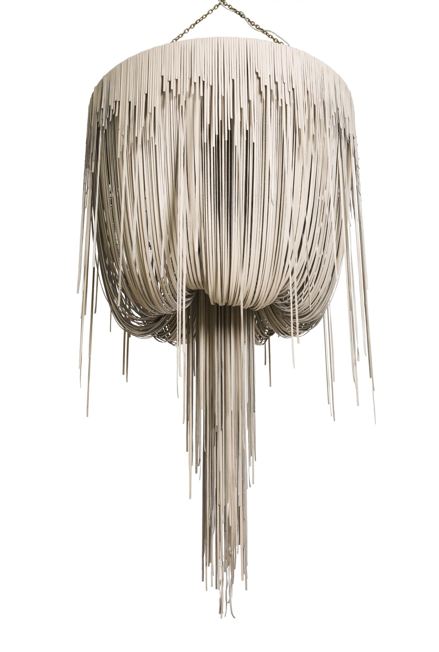 Large Round Urchin Leather Chandelier in Cream-Stone Leather