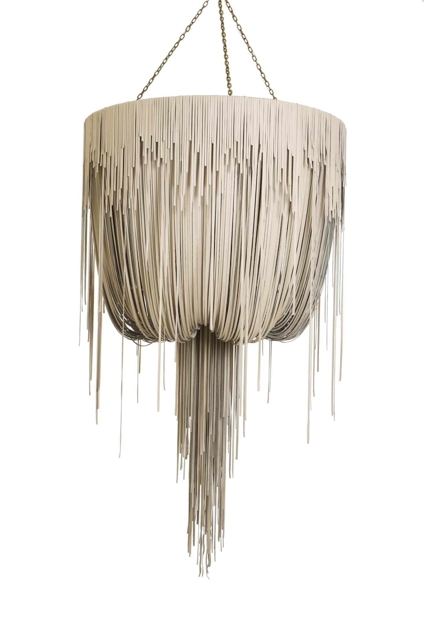 Large Round Urchin Leather Chandelier in Cream-Stone Leather