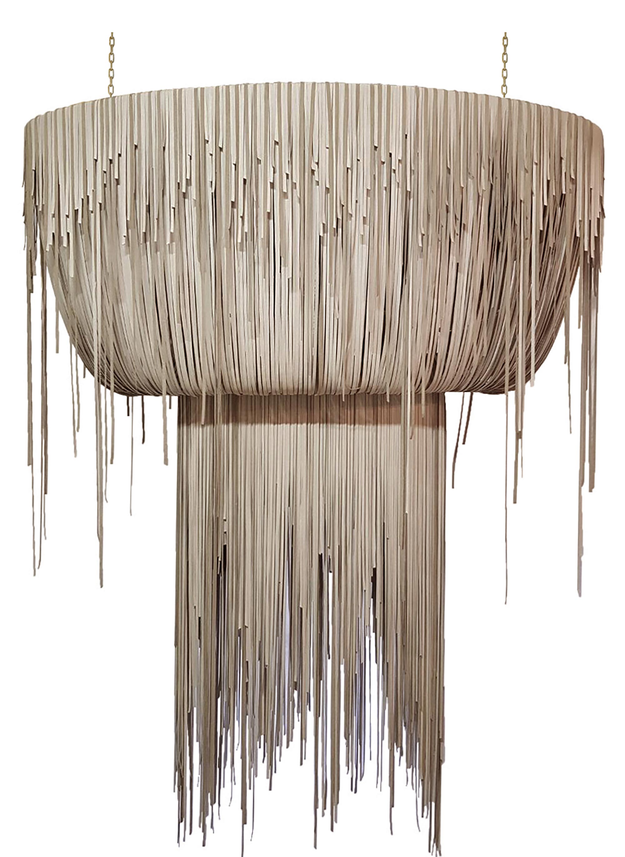 Large Oval Urchin Leather Chandelier in Cream-Stone Leather