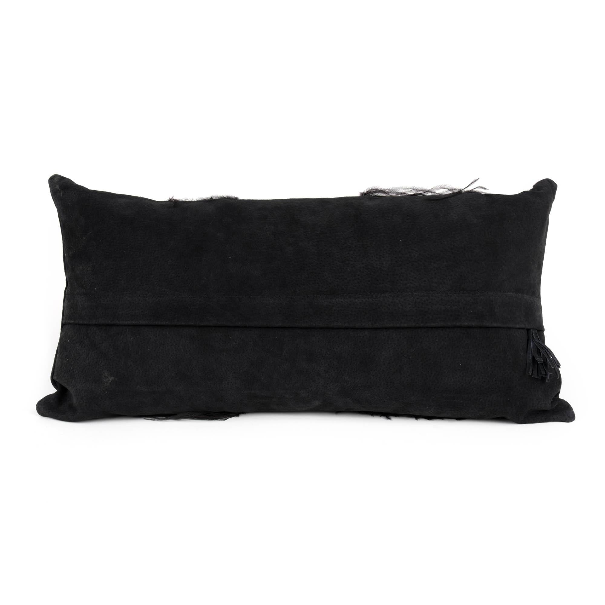 Ostrich Leather Inset Pillow with Feather Trim on Suede - Black
