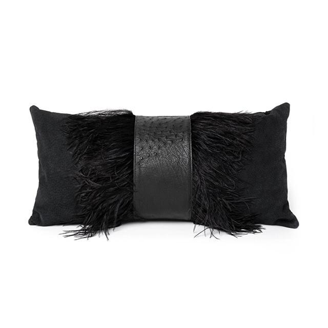 Ostrich Leather Inset Pillow with Feather Trim on Suede - Black