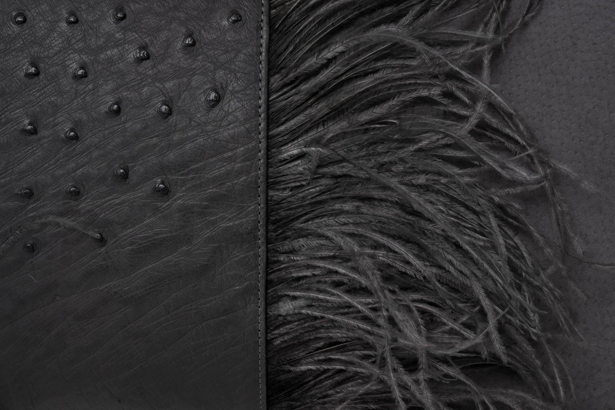 Ostrich Leather Inset Pillow with Feather Trim on Suede - Grey