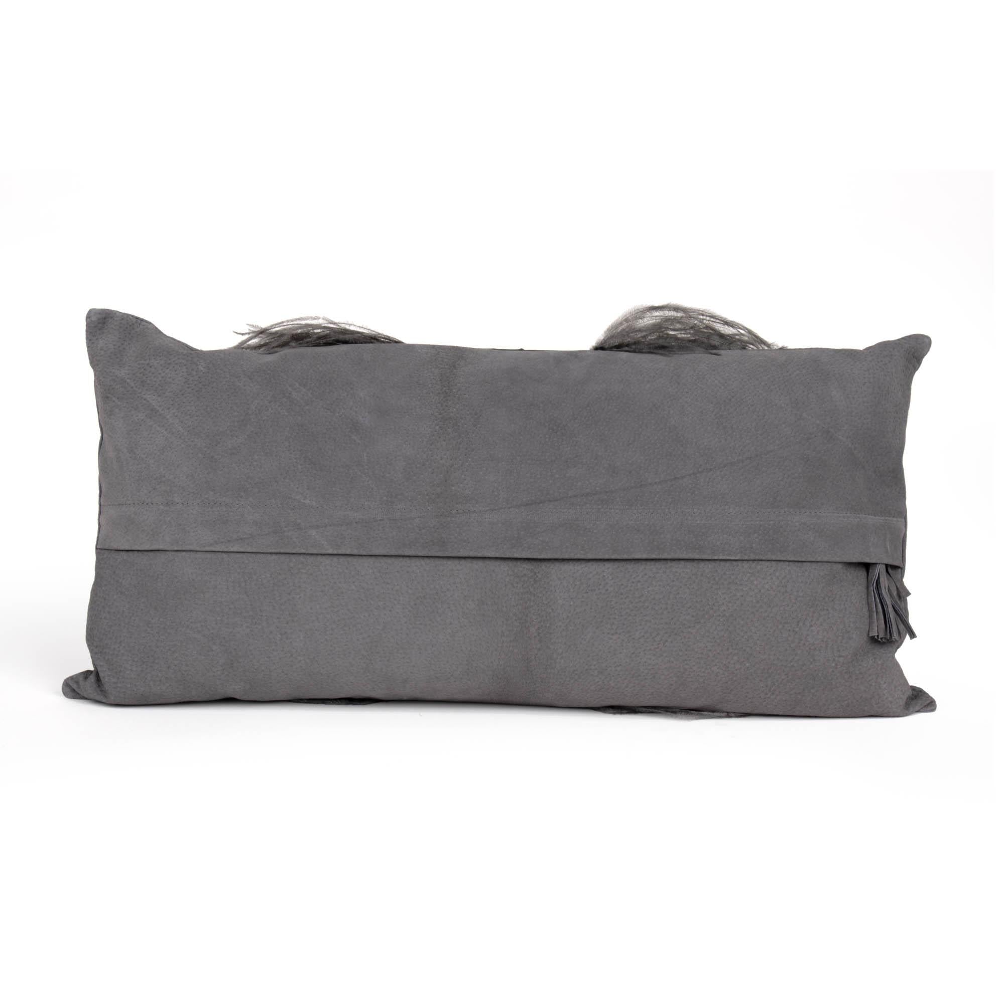 Ostrich Leather Inset Pillow with Feather Trim on Suede - Grey