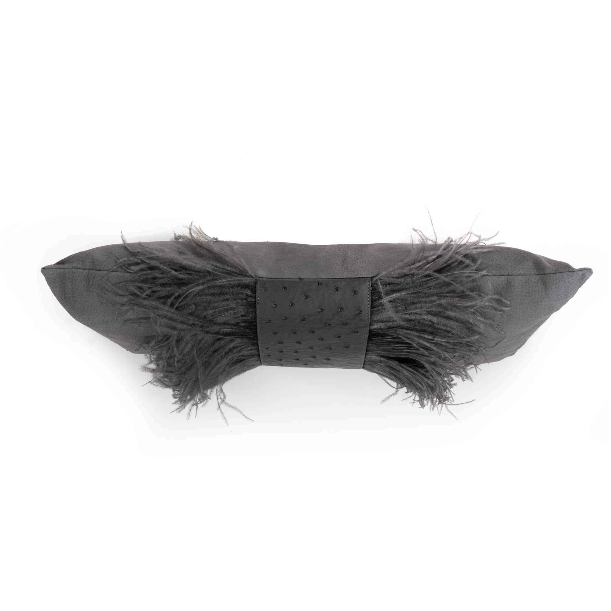Ostrich Leather Inset Pillow with Feather Trim on Suede - Grey