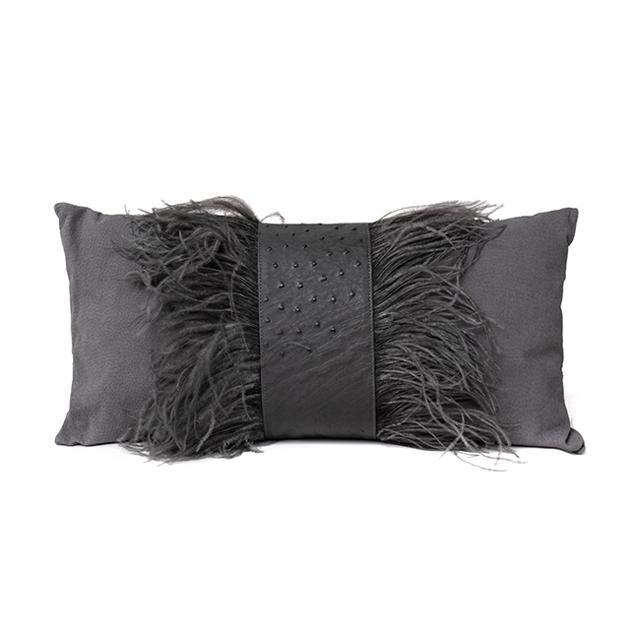 Ostrich Leather Inset Pillow with Feather Trim on Suede - Grey