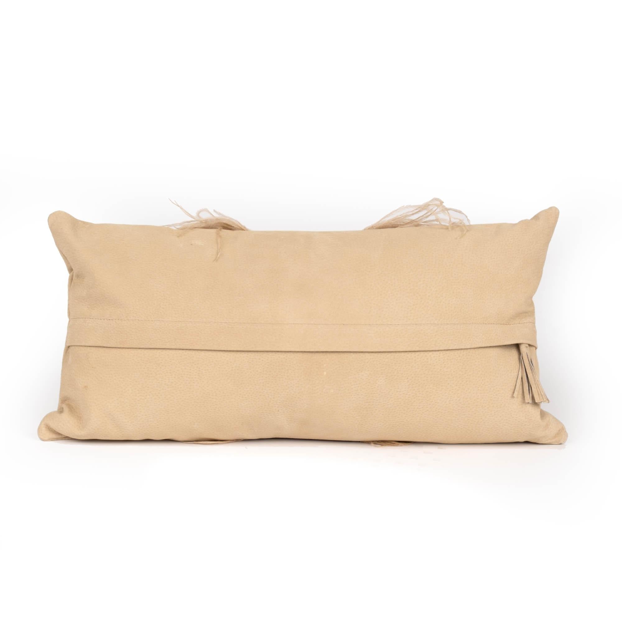 Ostrich Leather Inset Pillow with Feather Trim on Suede - Cream