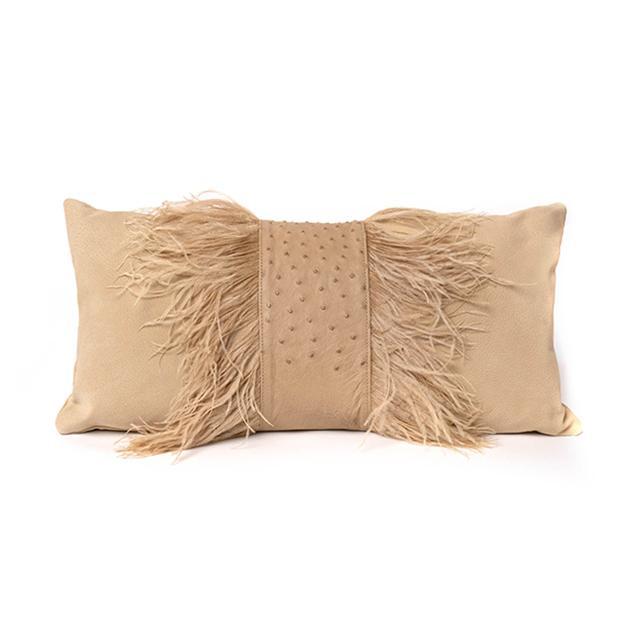Ostrich Leather Inset Pillow with Feather Trim on Suede - Cream