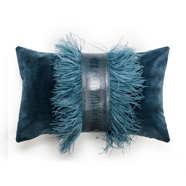 Ostrich Trim Pillow - Teal / Velvet