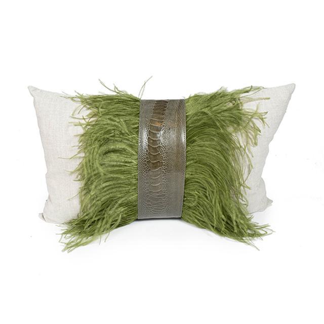 Ostrich Trim Pillow - Olive / Linen