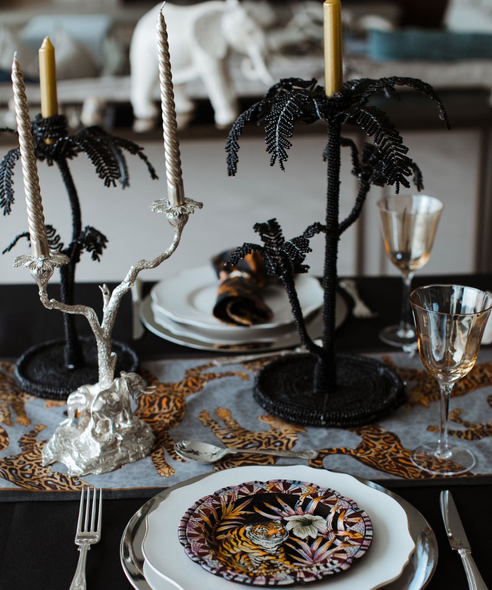 Desert Palm Tree Beaded Candlestick - Black