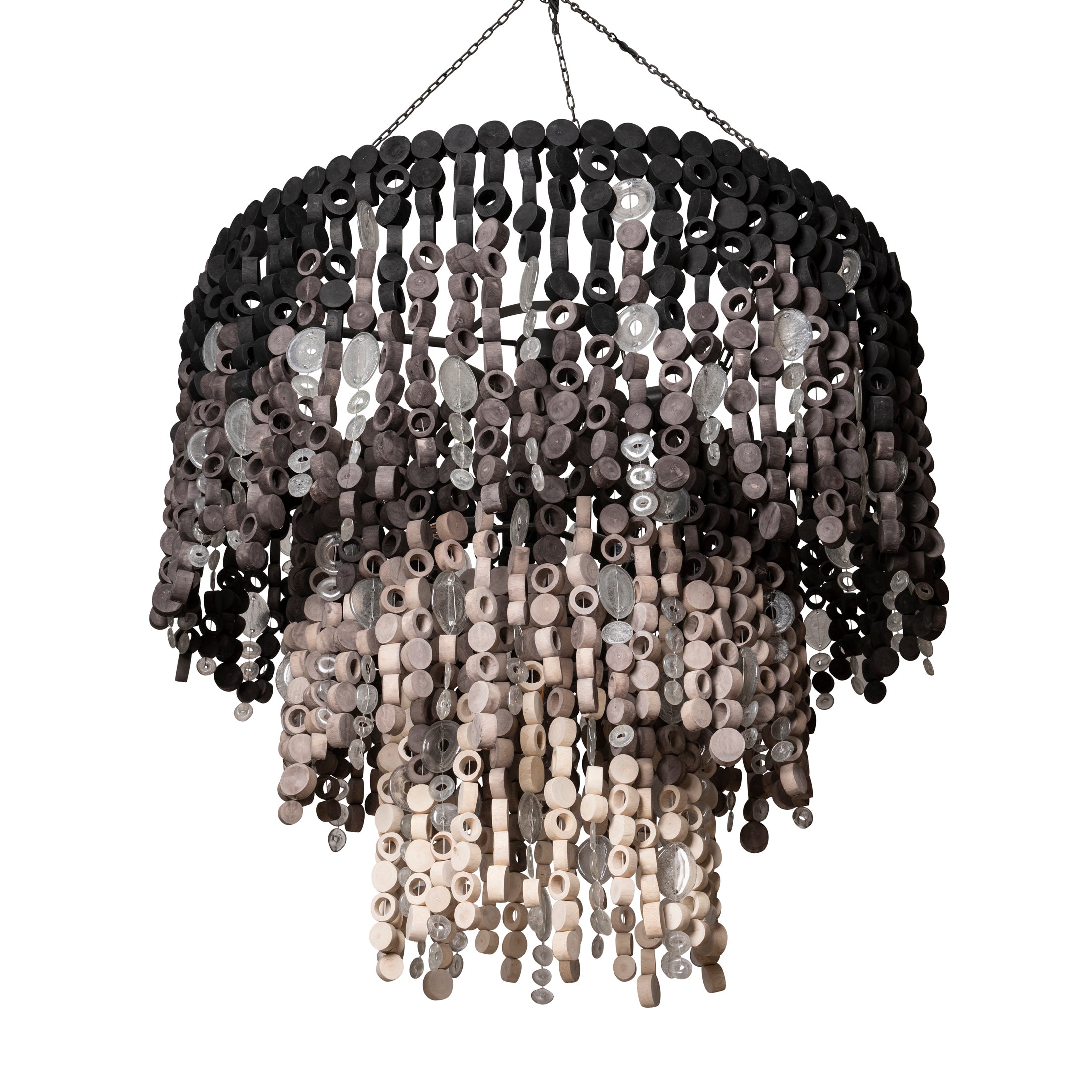 Extra Large Round Wood Disc Chandelier in Ombre Finish with Recycled Glass