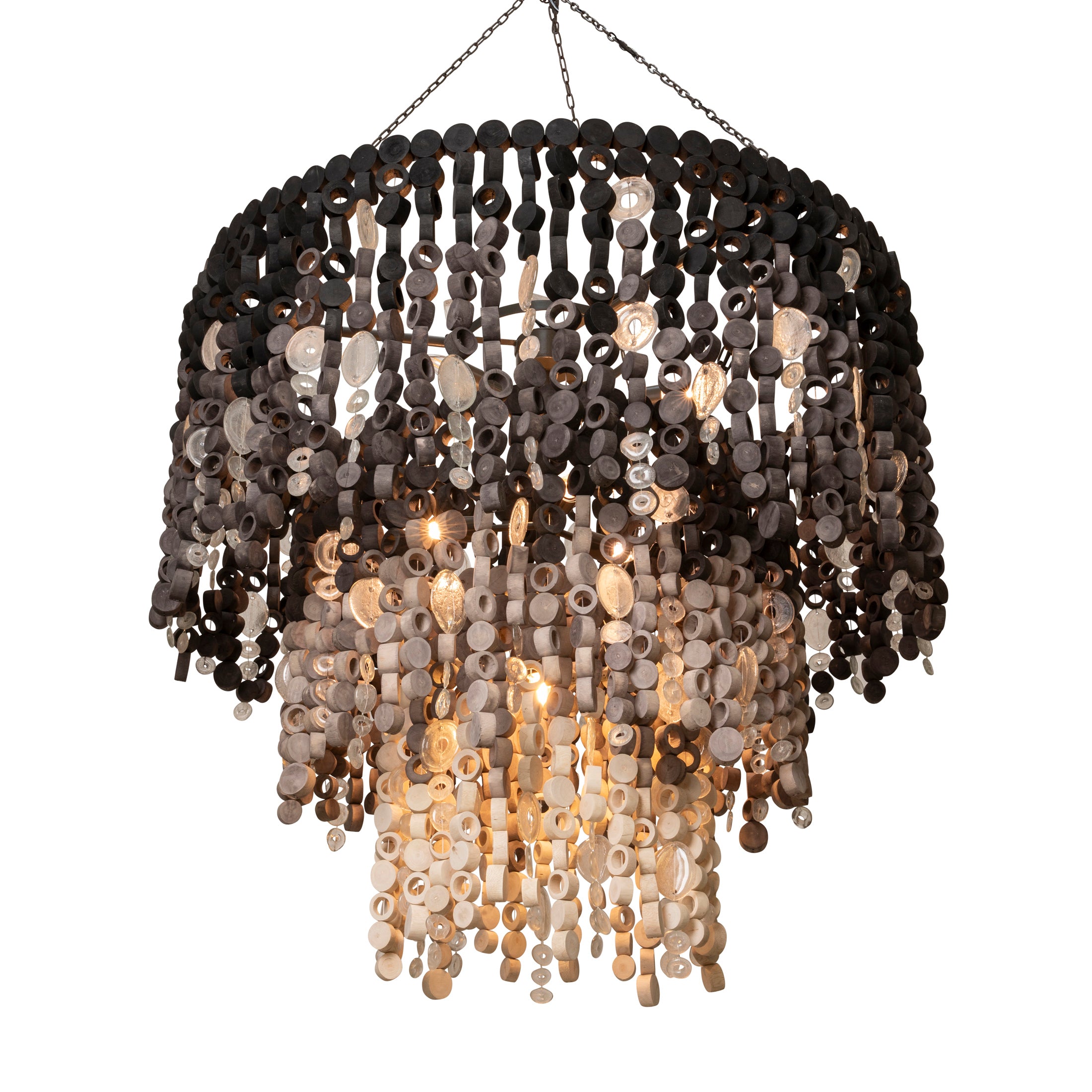 Extra Large Round Wood Disc Chandelier in Ombre Finish with Recycled Glass