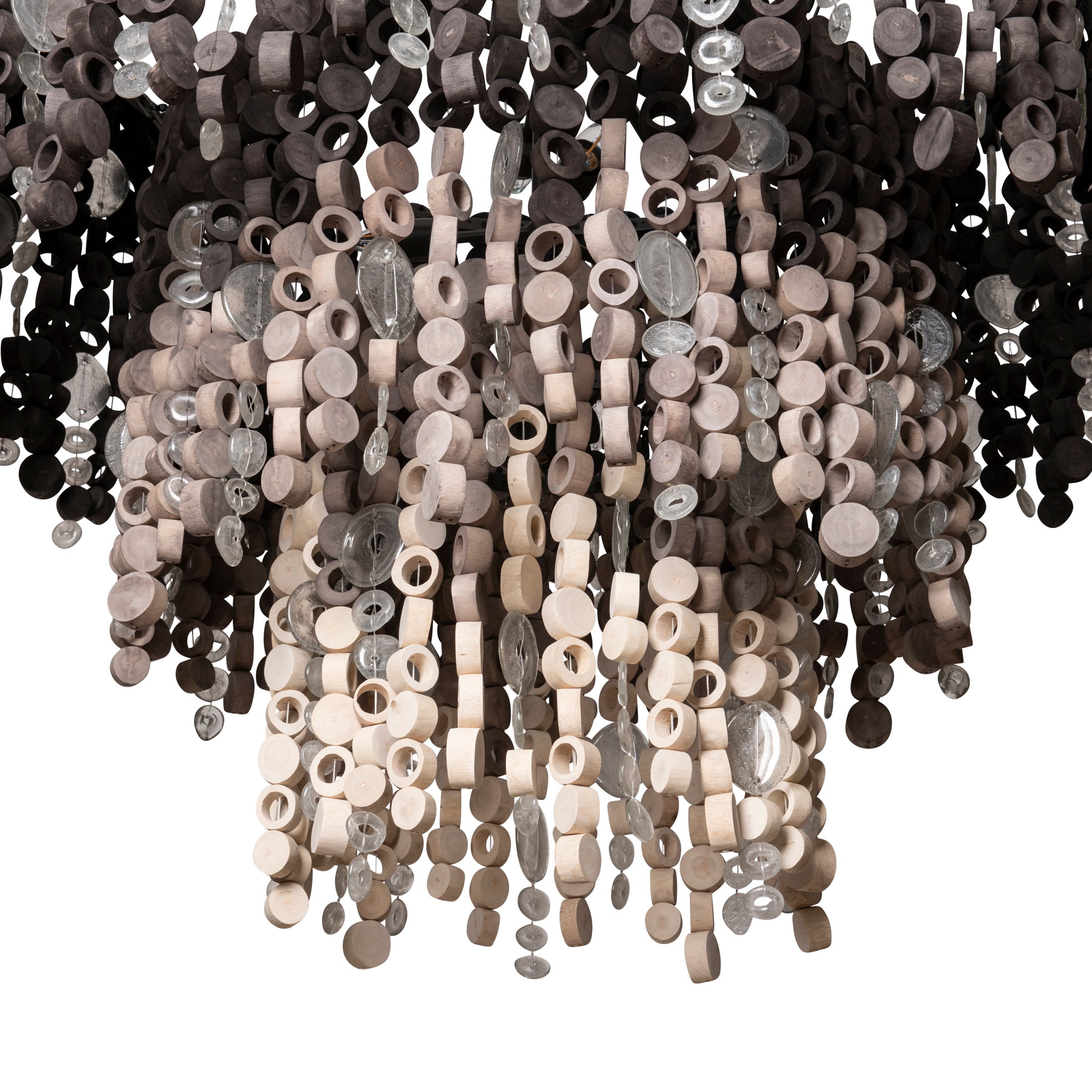 Extra Large Round Wood Disc Chandelier in Ombre Finish with Recycled Glass