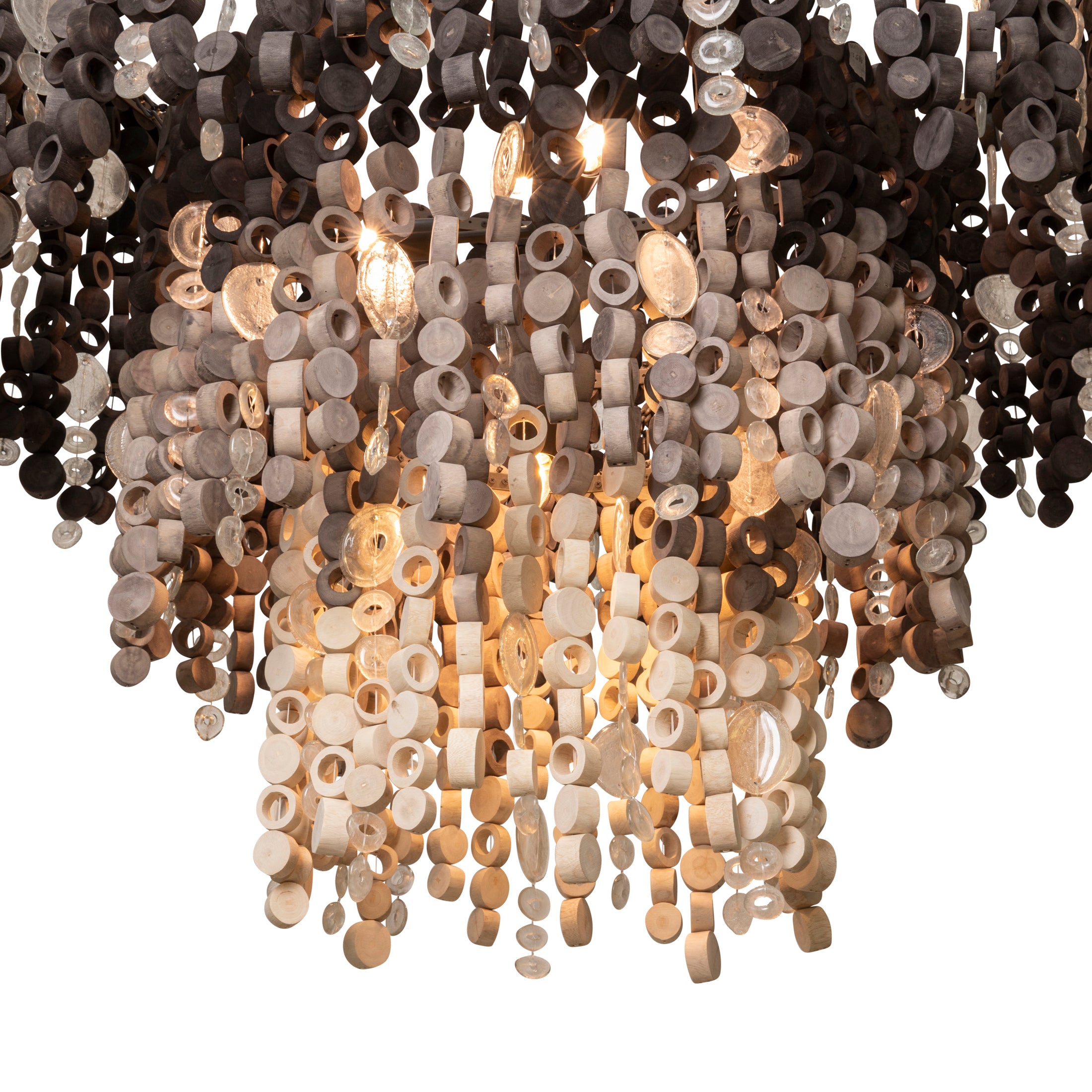 Extra Large Round Wood Disc Chandelier in Ombre Finish with Recycled Glass