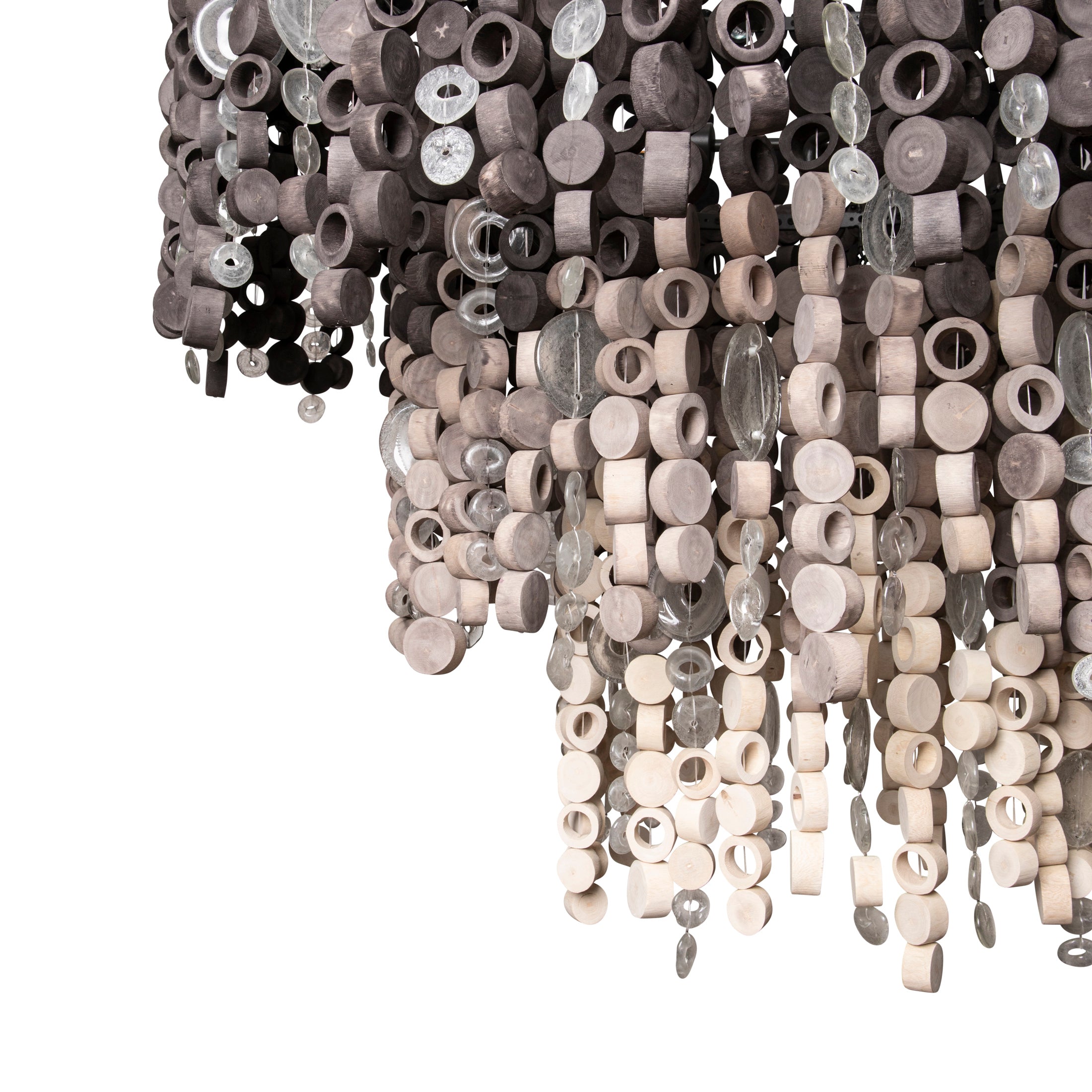 Extra Large Round Wood Disc Chandelier in Ombre Finish with Recycled Glass