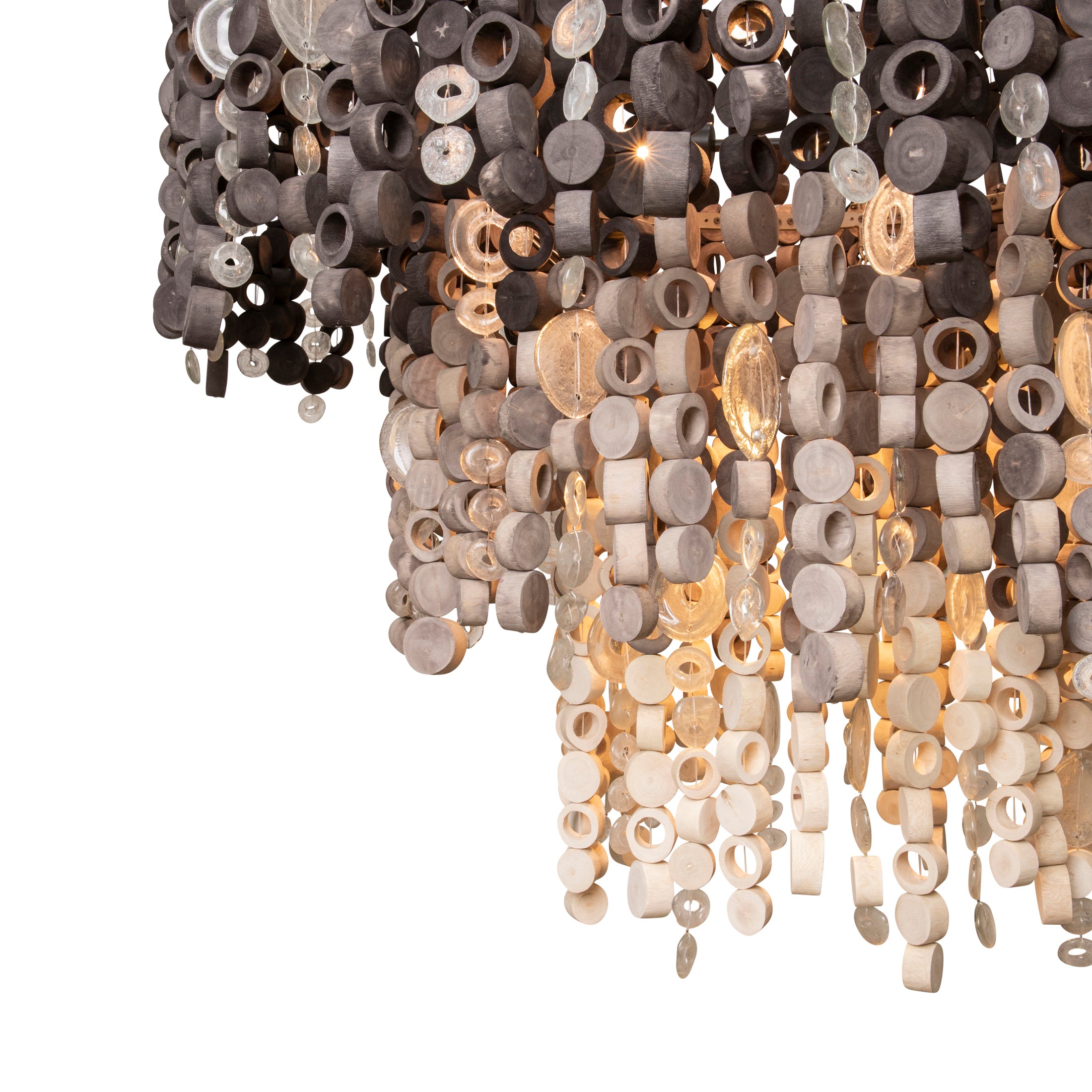 Extra Large Round Wood Disc Chandelier in Ombre Finish with Recycled Glass