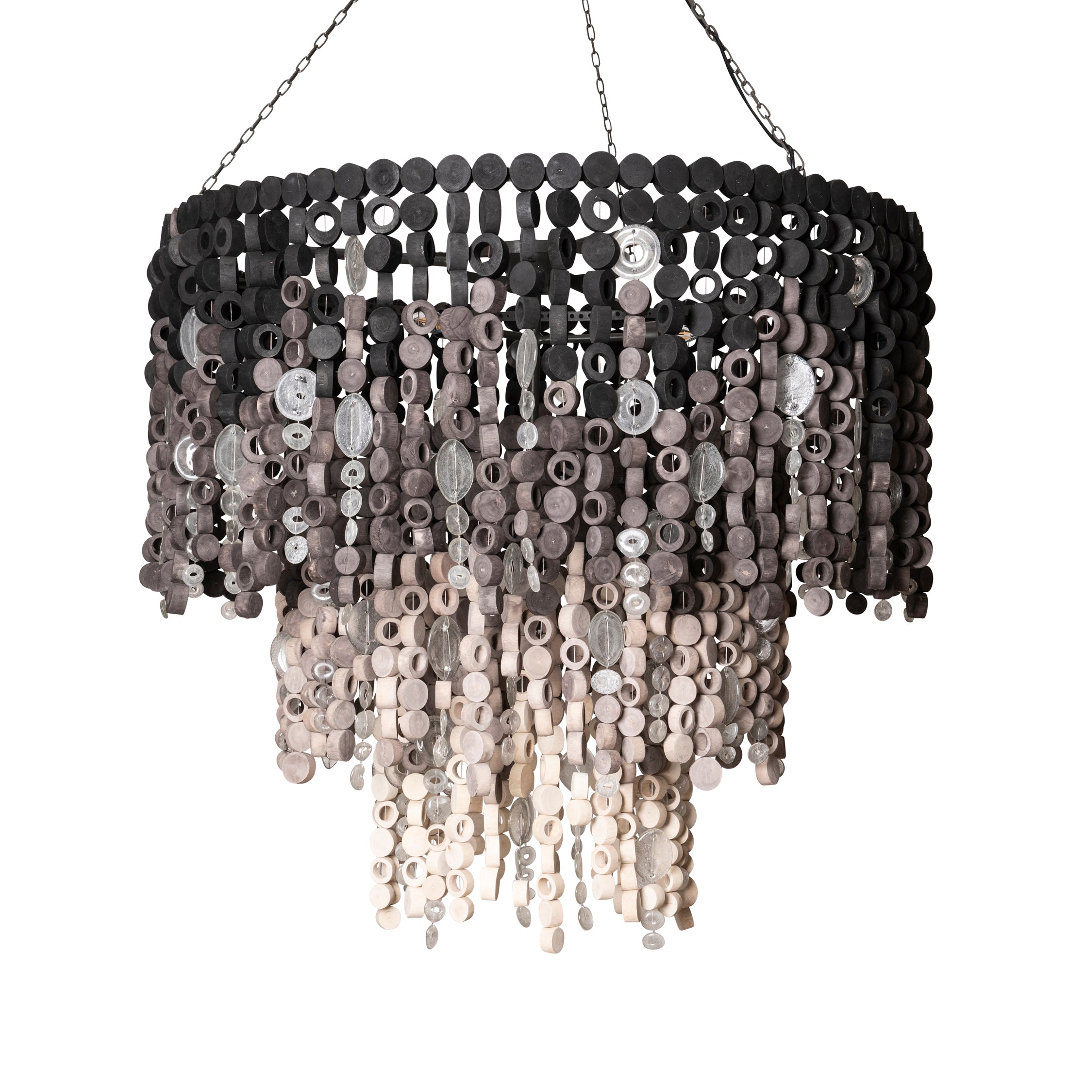 Extra Large Round Wood Disc Chandelier in Ombre Finish with Recycled Glass