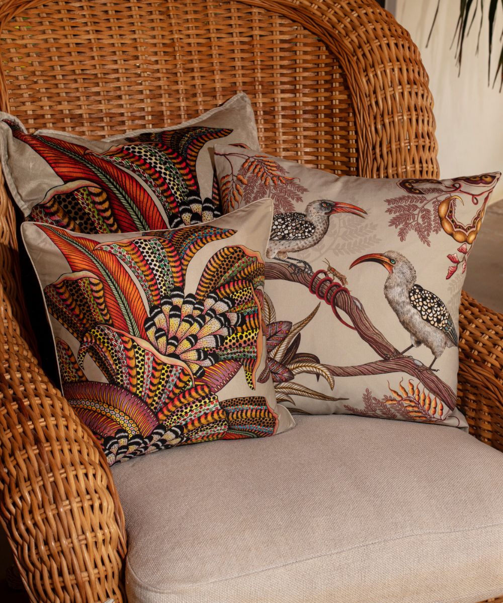 Hornbill Garden Cotton Pillow - Stone