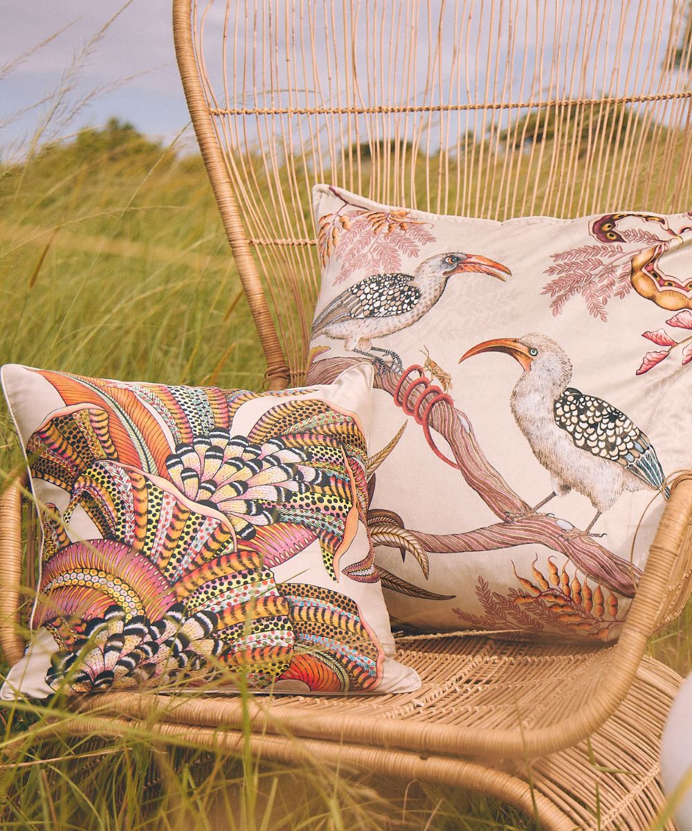 Hornbill Garden Silk Pillow - Stone