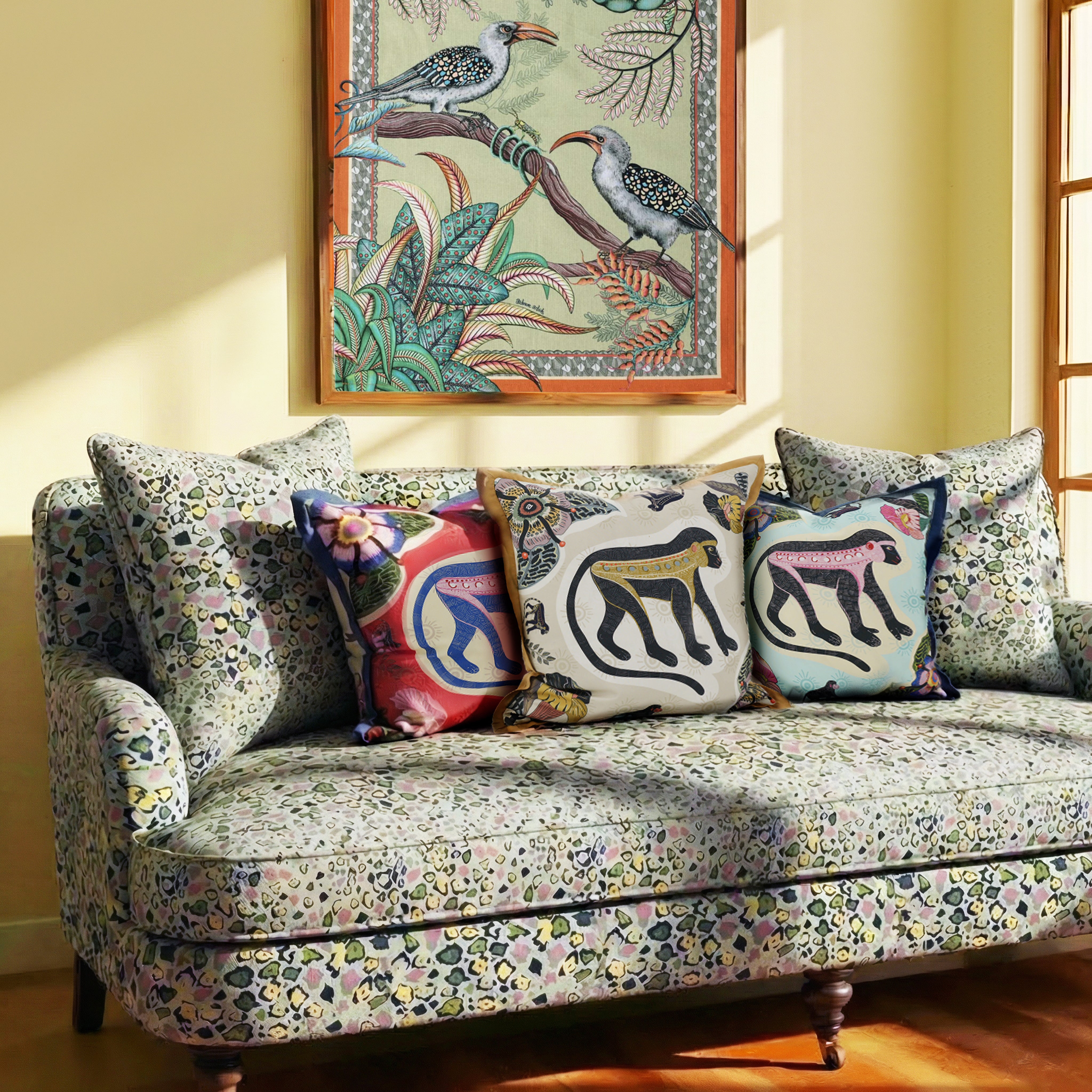 Meandering Monkey Cotton Pillow - Oasis