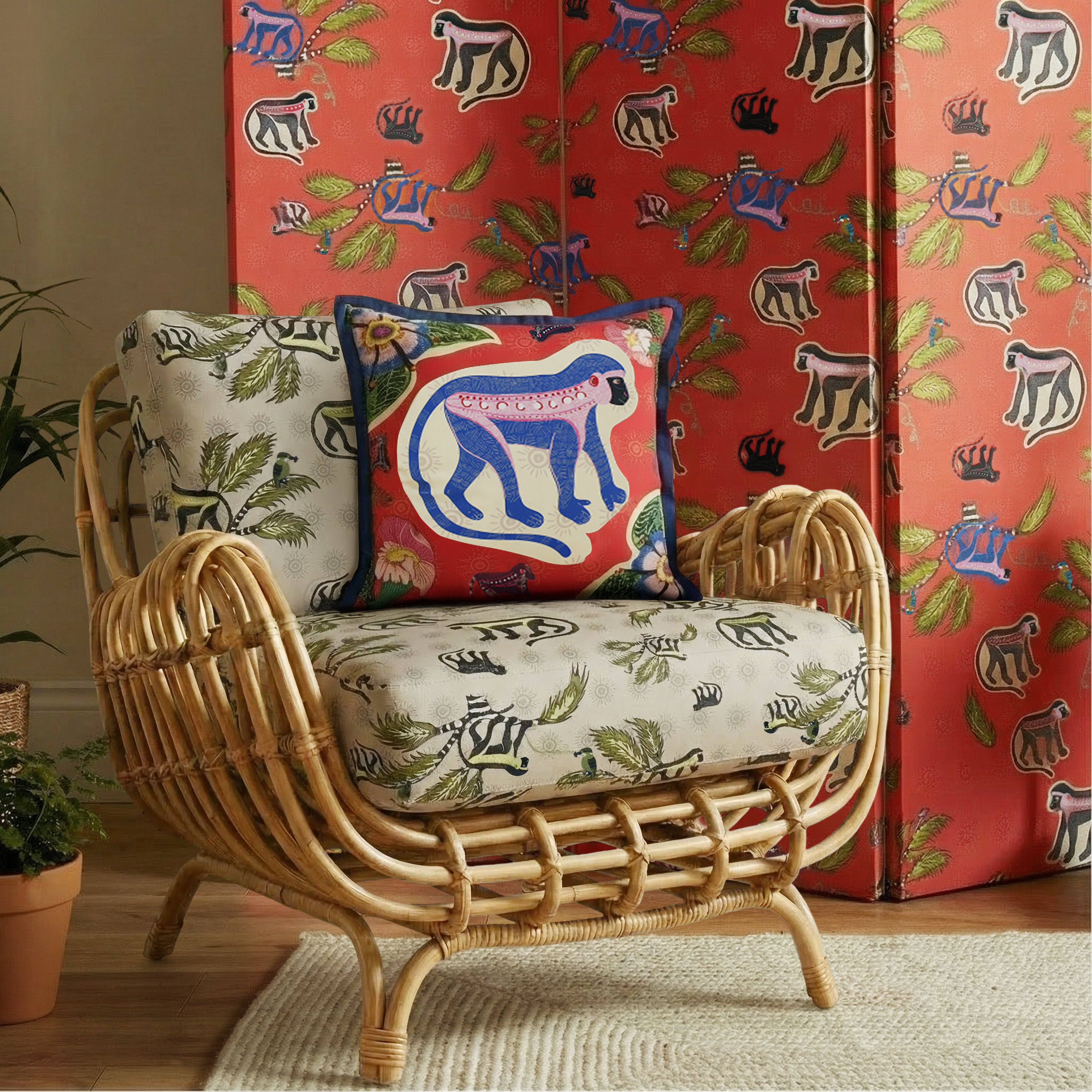 Meandering Monkey Cotton Pillow - Sunset