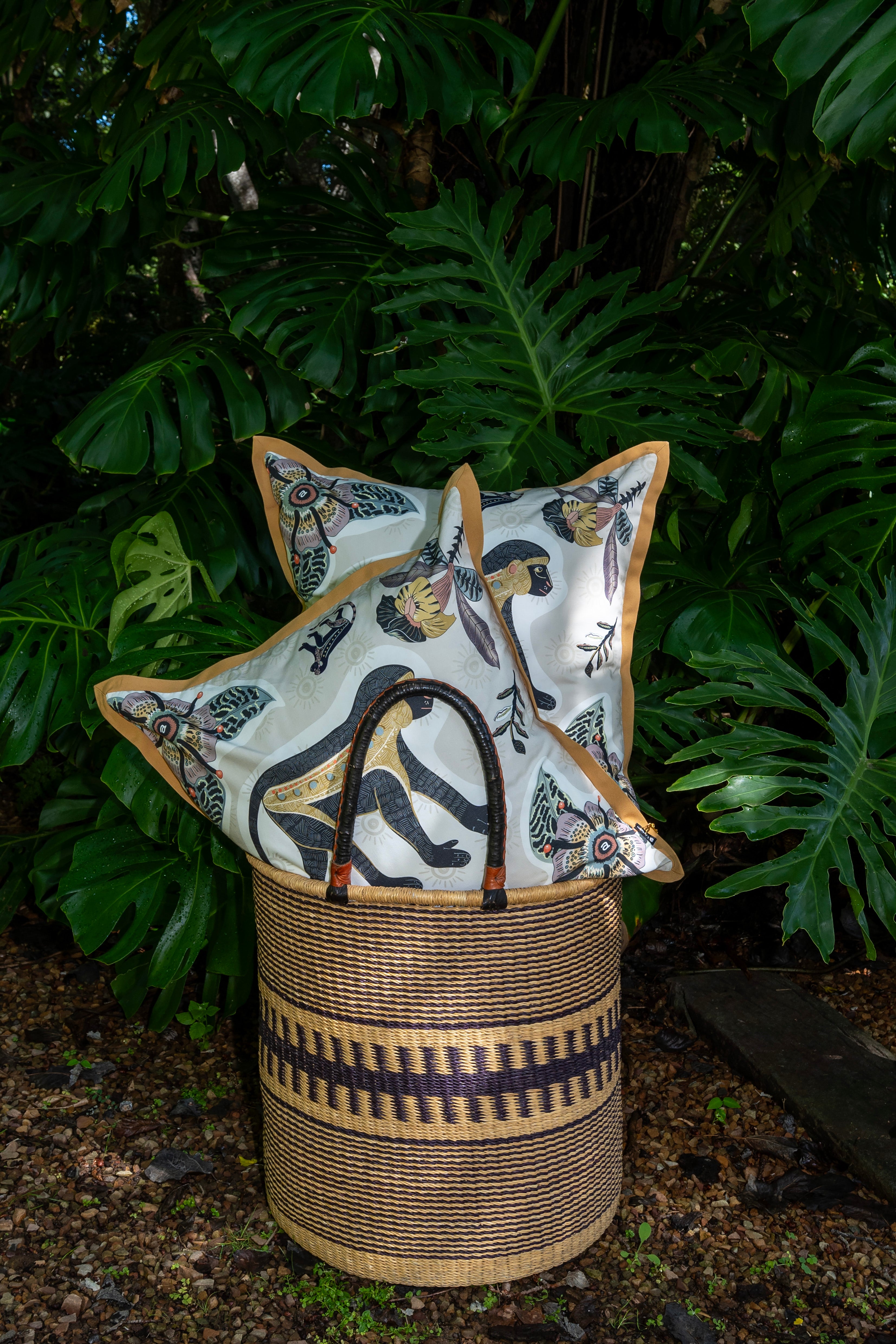 Meandering Monkey Cotton Pillow - Stone