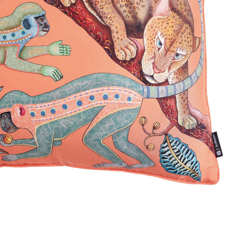 Monkey Tales Silk Pillow - Coral