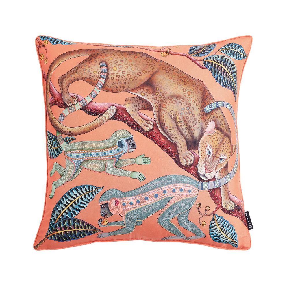 Monkey Tales Silk Pillow - Coral
