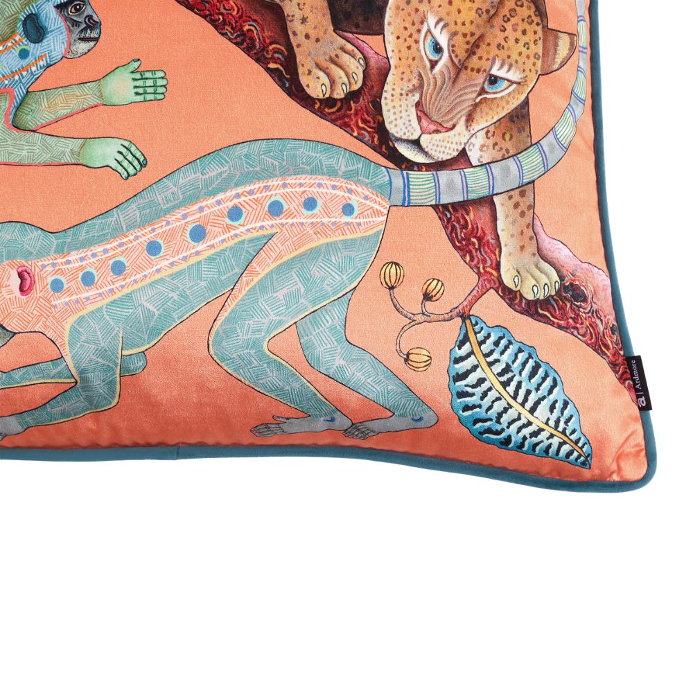 Monkey Tales Velvet Pillow - Coral