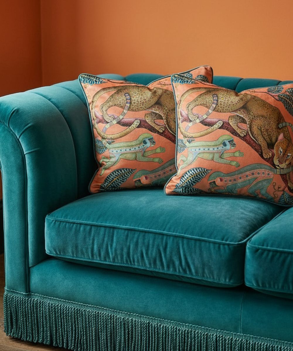 Monkey Tales Velvet Pillow - Coral