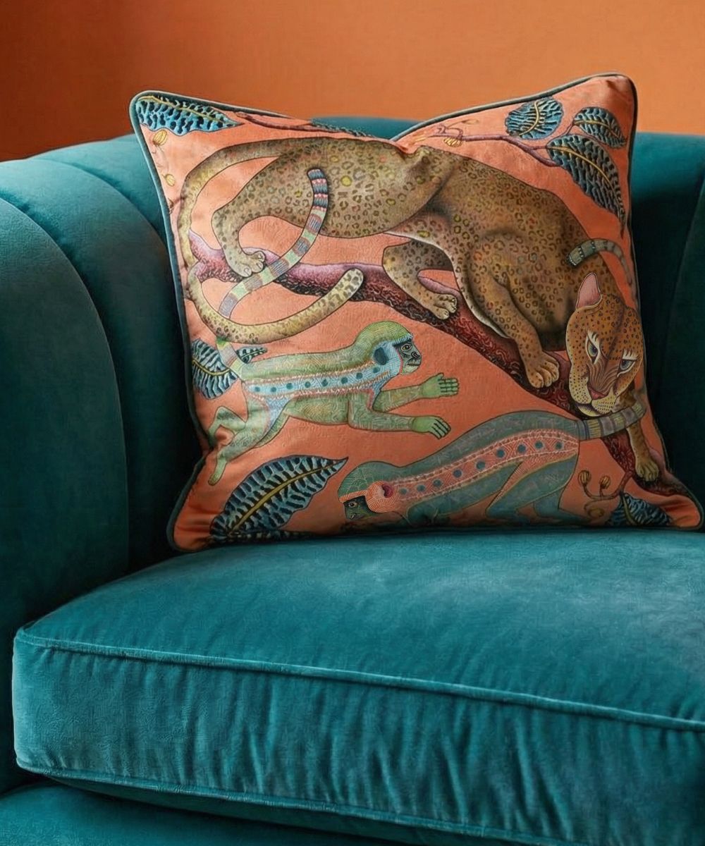 Monkey Tales Velvet Pillow - Coral