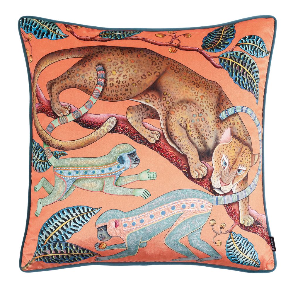 Monkey Tales Velvet Pillow - Coral